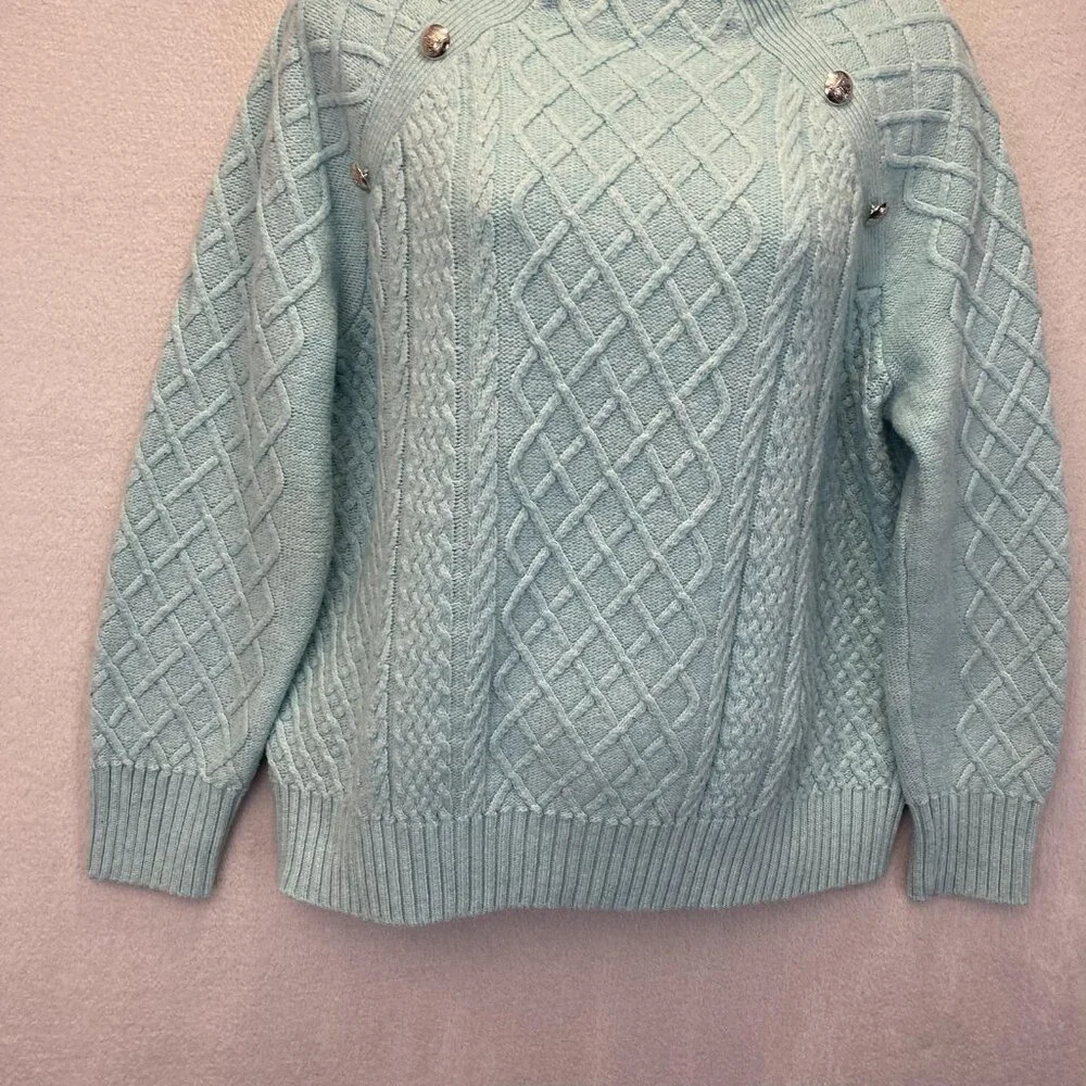 Talbots Cable Knit Sweater Womens Petite Large PL‎ Aqua Blue Buttons Old Money